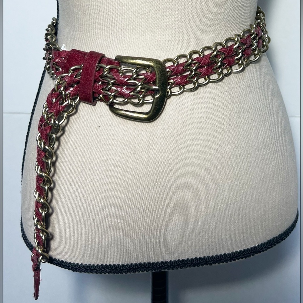 Vintage Antiqued Gold and Burgundy Vegan Leather Woven Chain Belt Womens size S